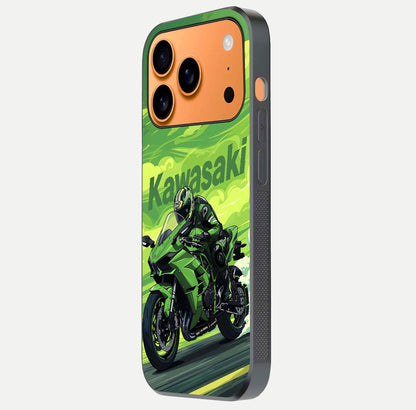 Green Kawasaki Glass Case for iPhone 17 Pro Max side-angle image showing reflection depth and metallic green accent