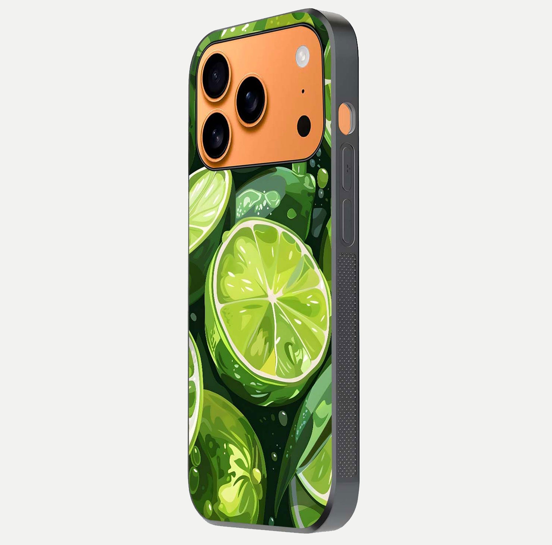 Green Lemon Glass Case for iPhone 17 Pro Max side-angle image showing reflection glow and juicy color tones