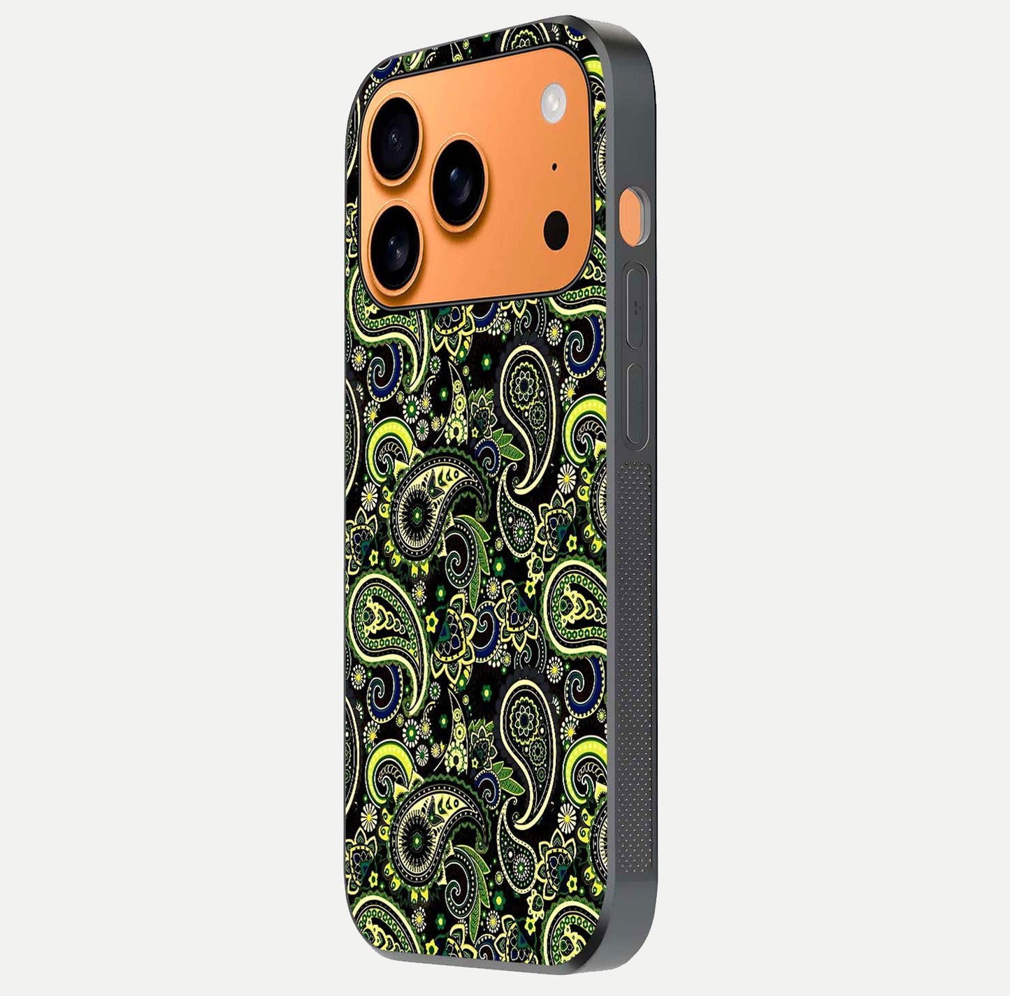 Green Mandala Pattern Glass Case for iPhone 17 Pro Max side-angle image showing reflection clarity and detailed pattern lines