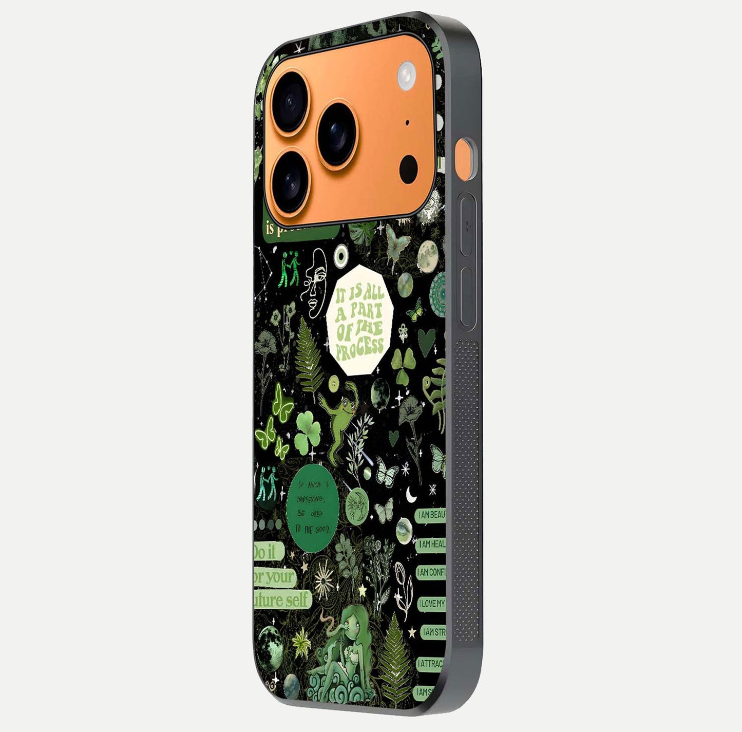 Green Moon Energy Glass Case for iPhone 17 Pro Max side-angle image showing reflection brilliance and curved finish