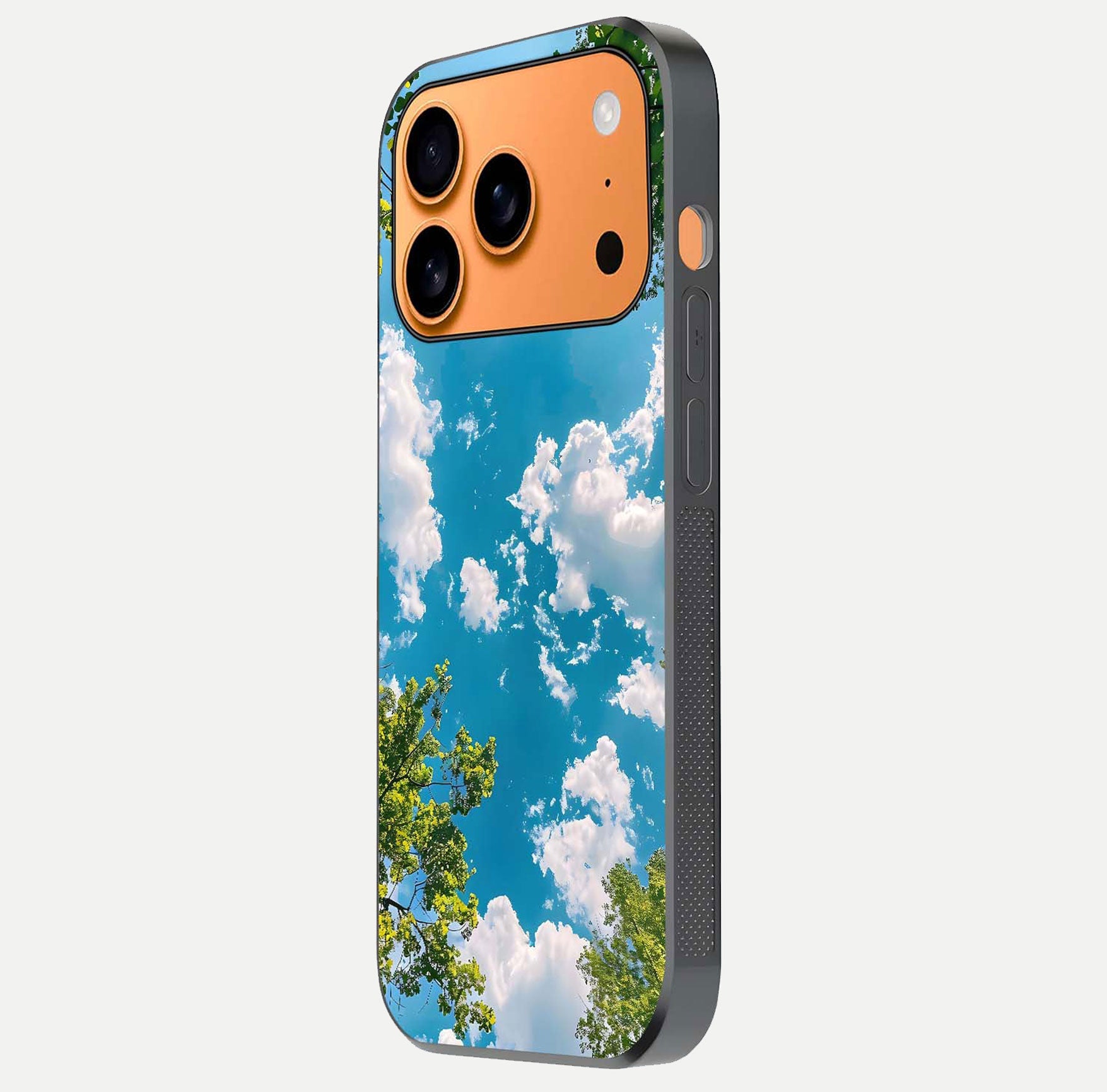 Greenery Sky Glass Case for iPhone 17 Pro Max side-angle image showing reflection glow and nature-themed pattern