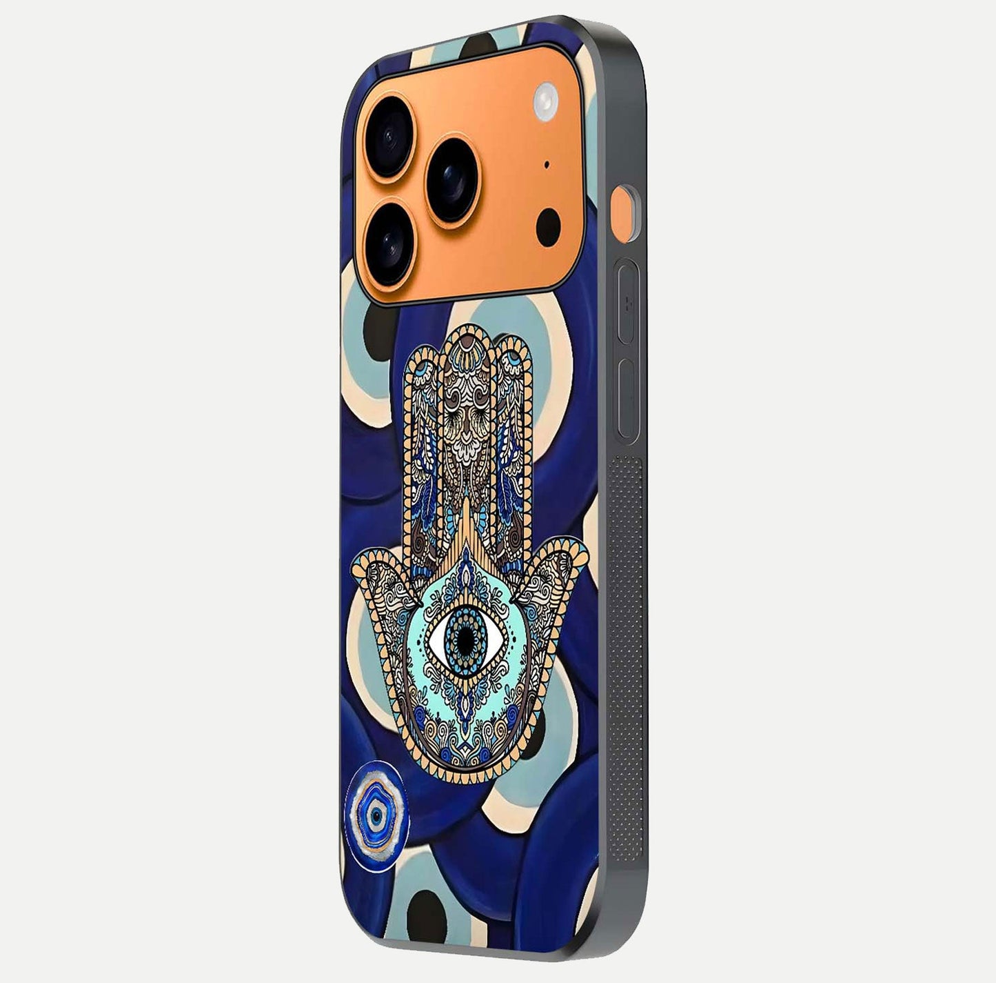 Hamsa Divine Guard Glass Case for iPhone 17 Pro Max side-angle image showing reflection brilliance and protective design