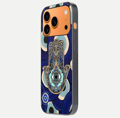 Hamsa Divine Guard Glass Case for iPhone 17 Pro Max side-angle image showing reflection brilliance and protective design