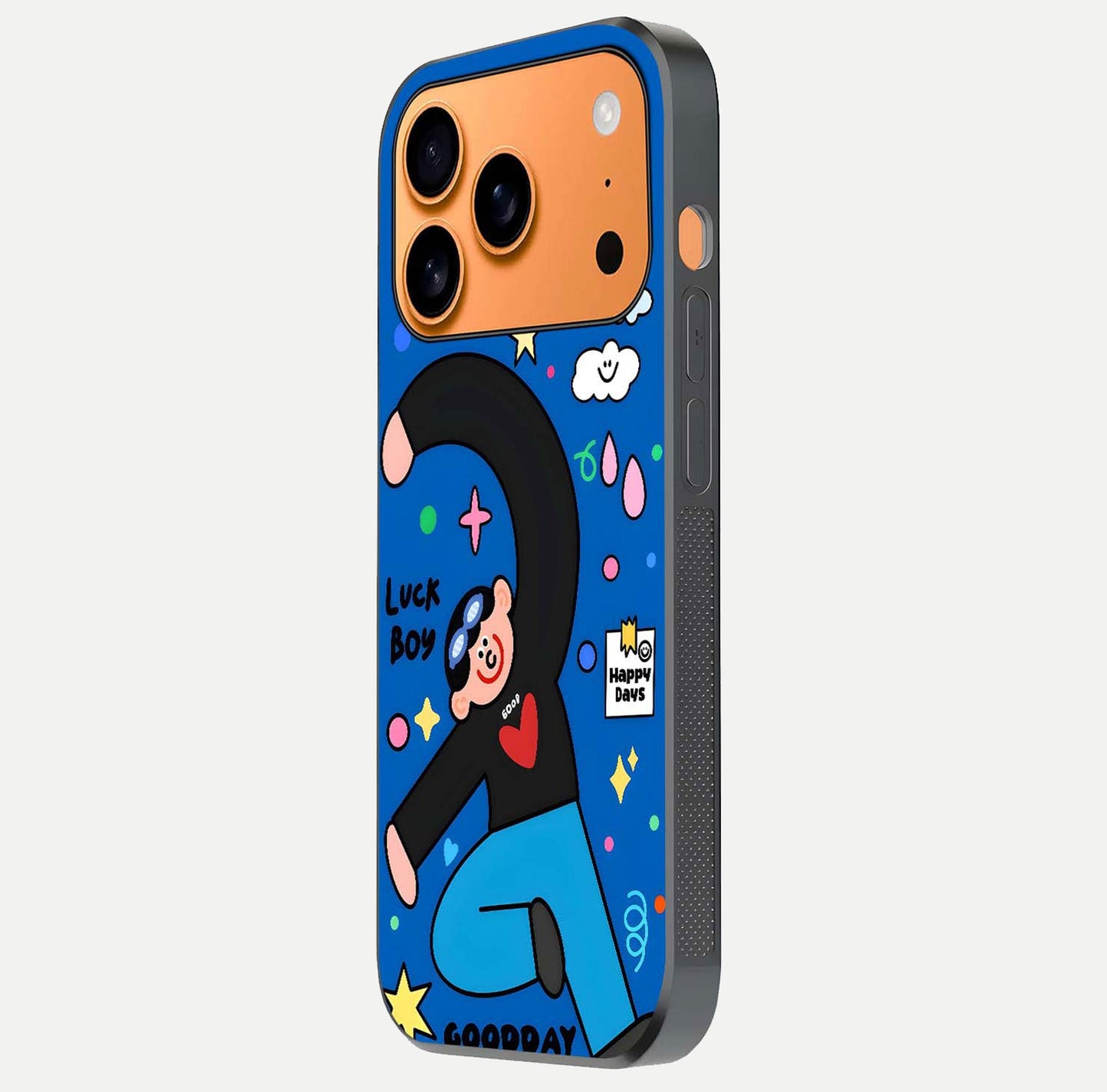 Happy Luck Vibe Glass Case for iPhone 17 Pro Max side-angle image showing reflection polish and vivid charm design