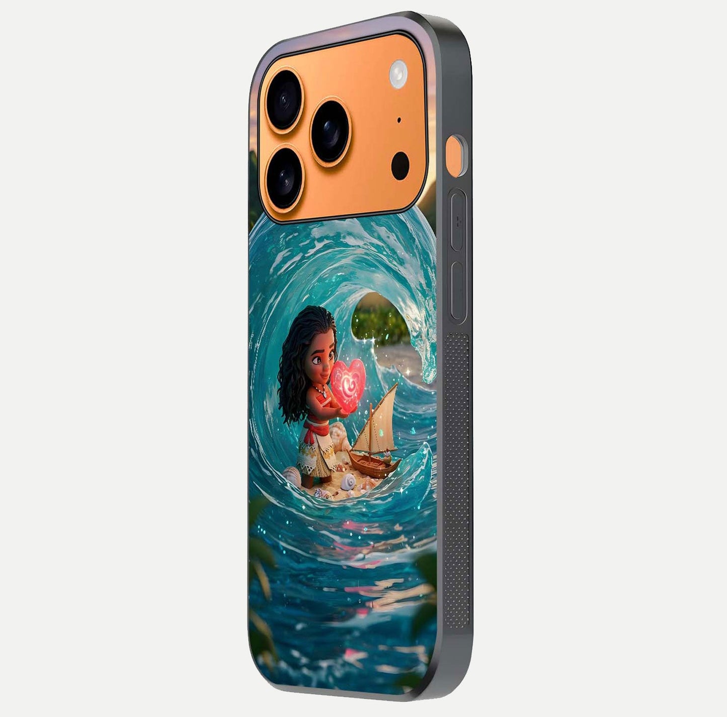 Heart of Ocean Glass Case for iPhone 17 Pro Max side-angle image showing reflection clarity and deep ocean texture