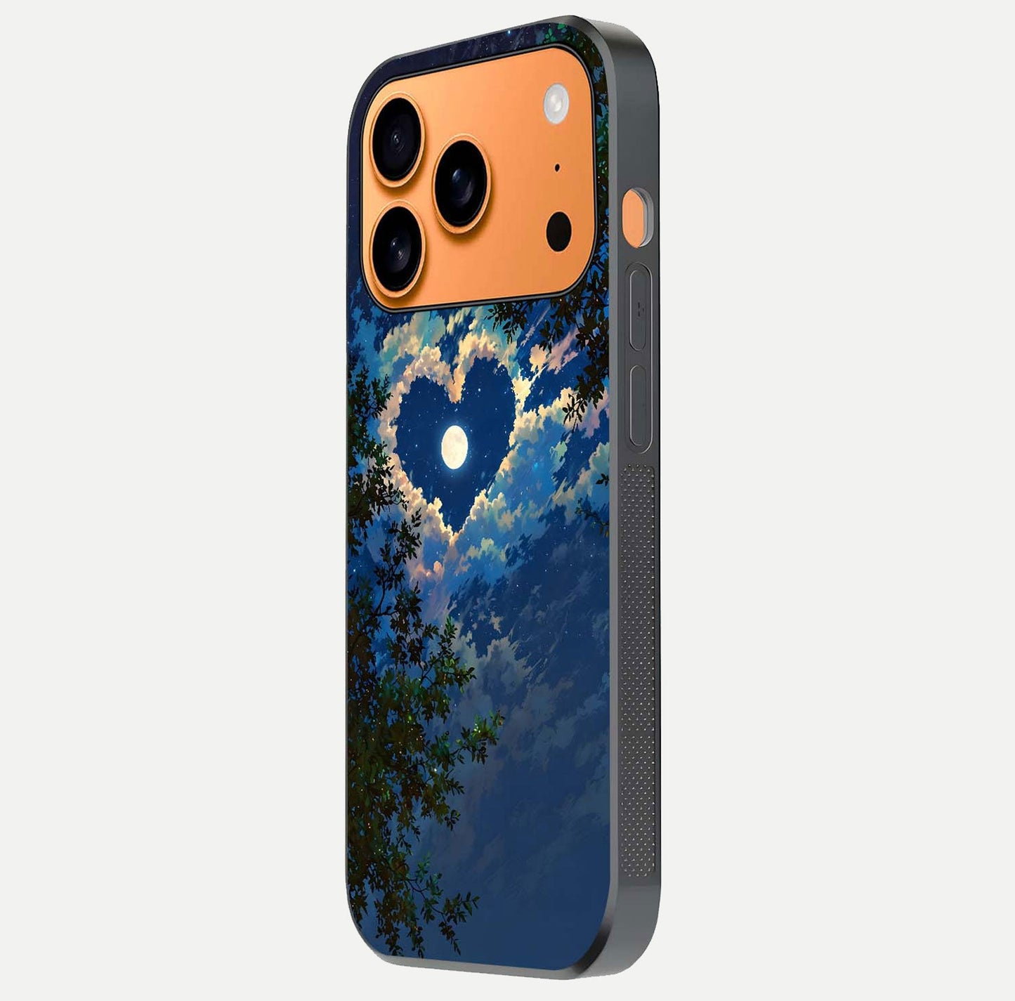 Heart with Moon Sky Glass Case for iPhone 17 Pro Max side-angle image showing reflection brightness and soft tone finish