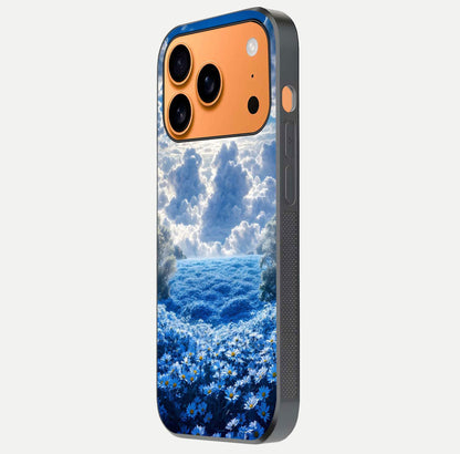 Heavenly Daisy Horizon Glass Case for iPhone 17 Pro Max side-angle image showing reflection depth and floral glow