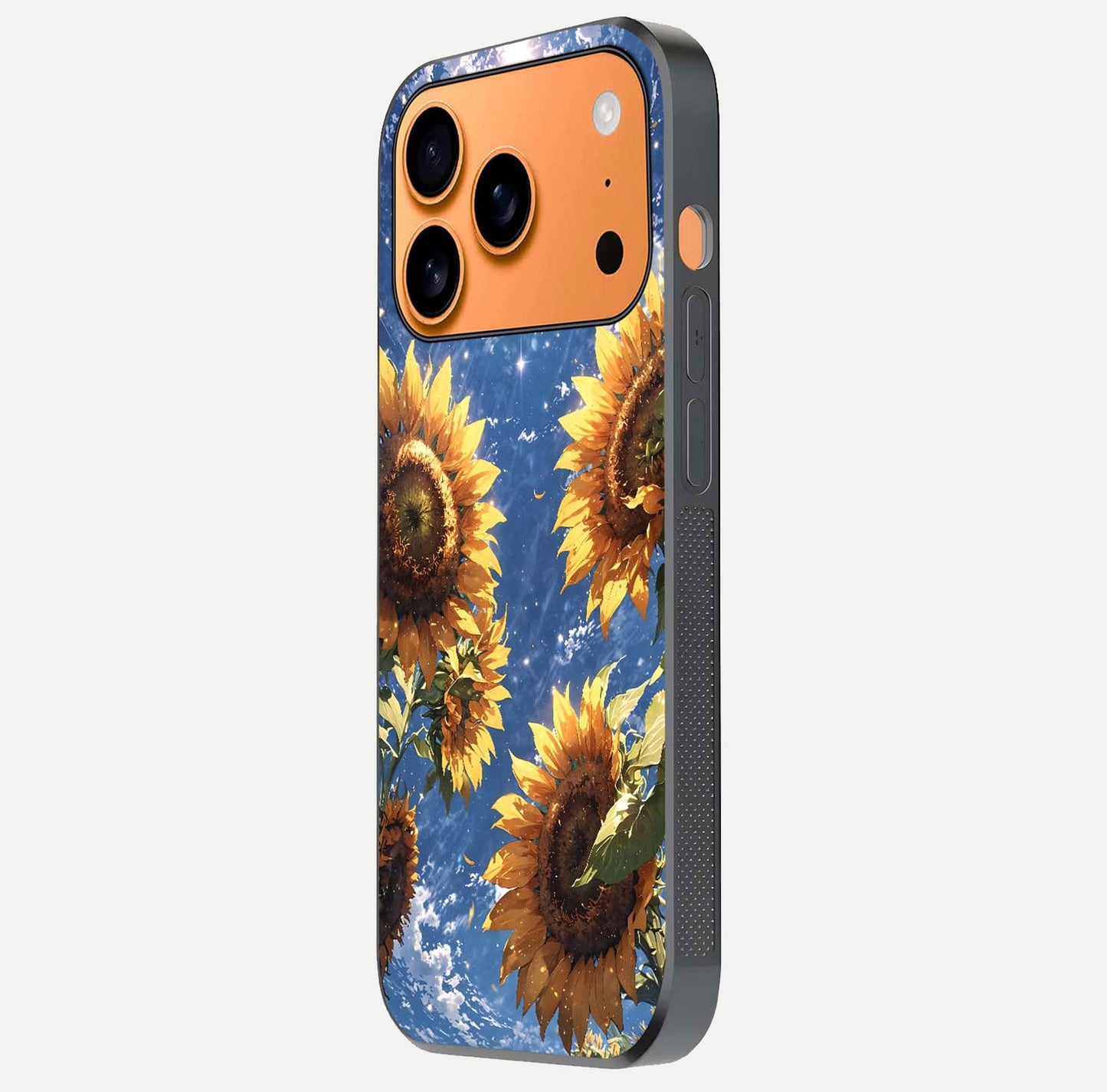 Heavenly Sunflower Rise Glass Case for iPhone 17 Pro Max side-angle image showing reflection glow and soft yellow tone