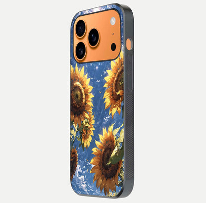 Heavenly Sunflower Rise Glass Case for iPhone 17 Pro Max side-angle image showing reflection glow and soft yellow tone