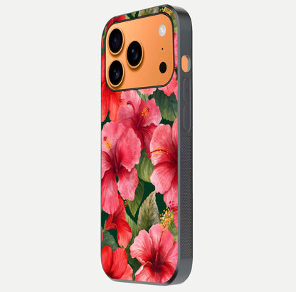 Hibiscus Pattern Glass Case for iPhone 17 Pro Max side-angle image showing reflection brightness and floral detailing