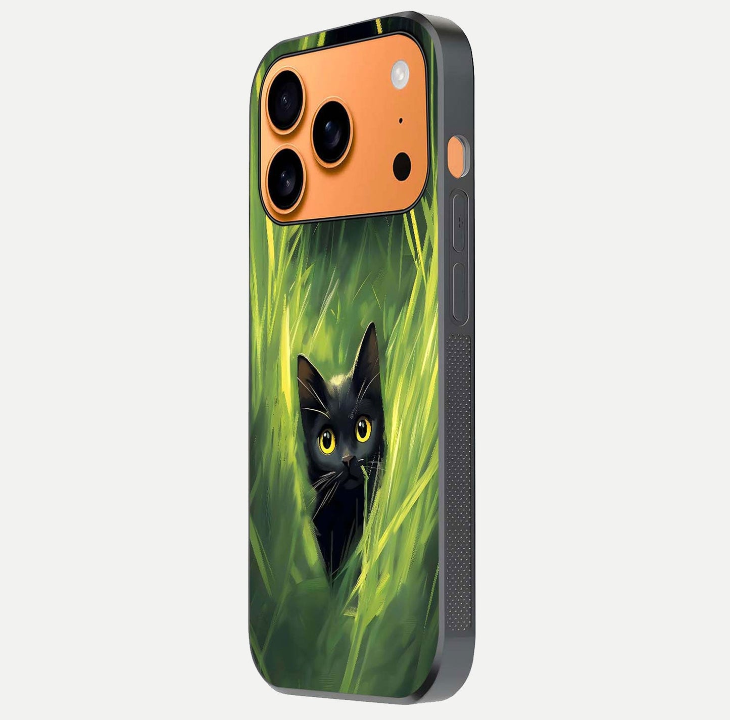 Hidden Cat Whisper Glass Case for iPhone 17 Pro Max side-angle image showing reflection glow and subtle artistic texture