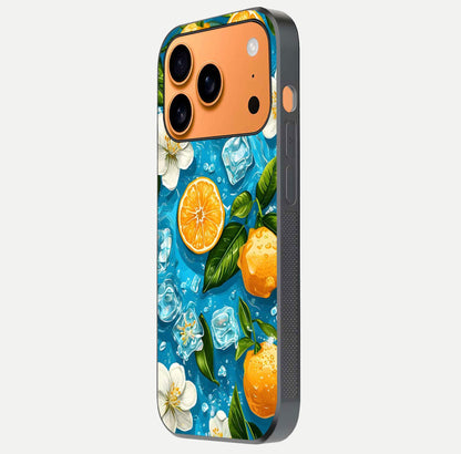 Ice Cube With Orange Glass Case for iPhone 17 Pro Max side-angle image showing reflection brightness and juicy pattern detail