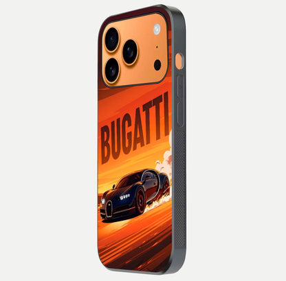 Inferno Bugatti Storm Glass Case for iPhone 17 Pro Max side-angle image showing reflection glow and vibrant red tones