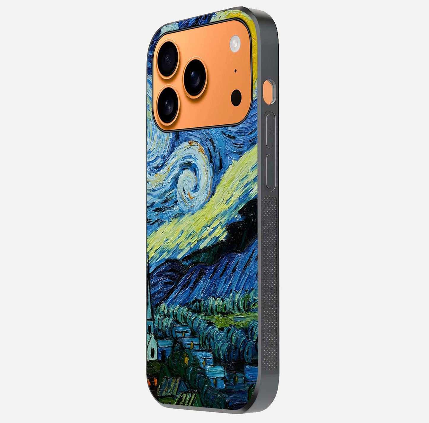 Inspired Van Gogh Art Glass Case for iPhone 17 Pro Max side-angle image showing reflection brilliance and painted surface look