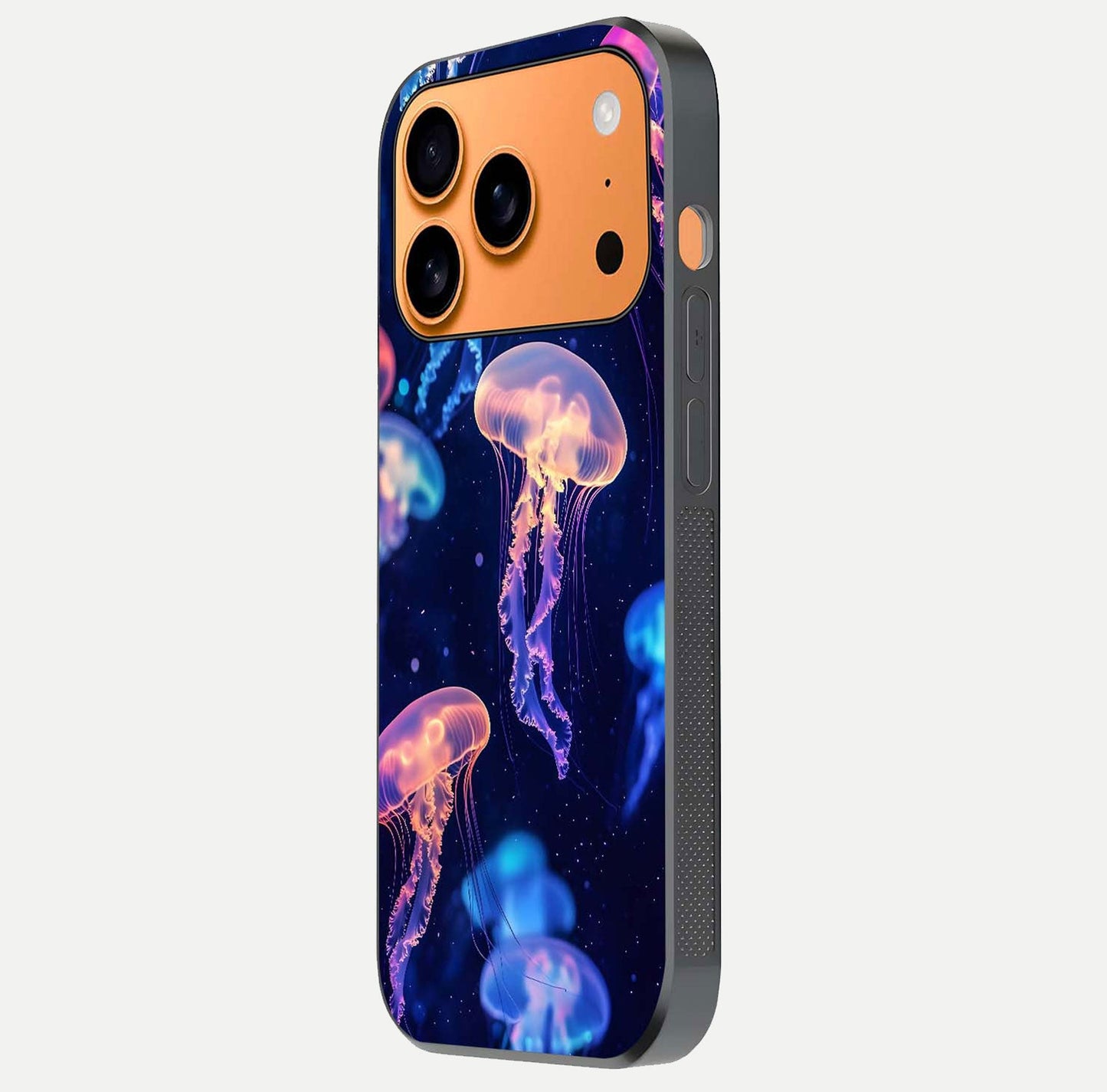 Jellyfish Pattern Glass Case for iPhone 17 Pro Max side-angle image showing reflection glow and soft water-blue gradient