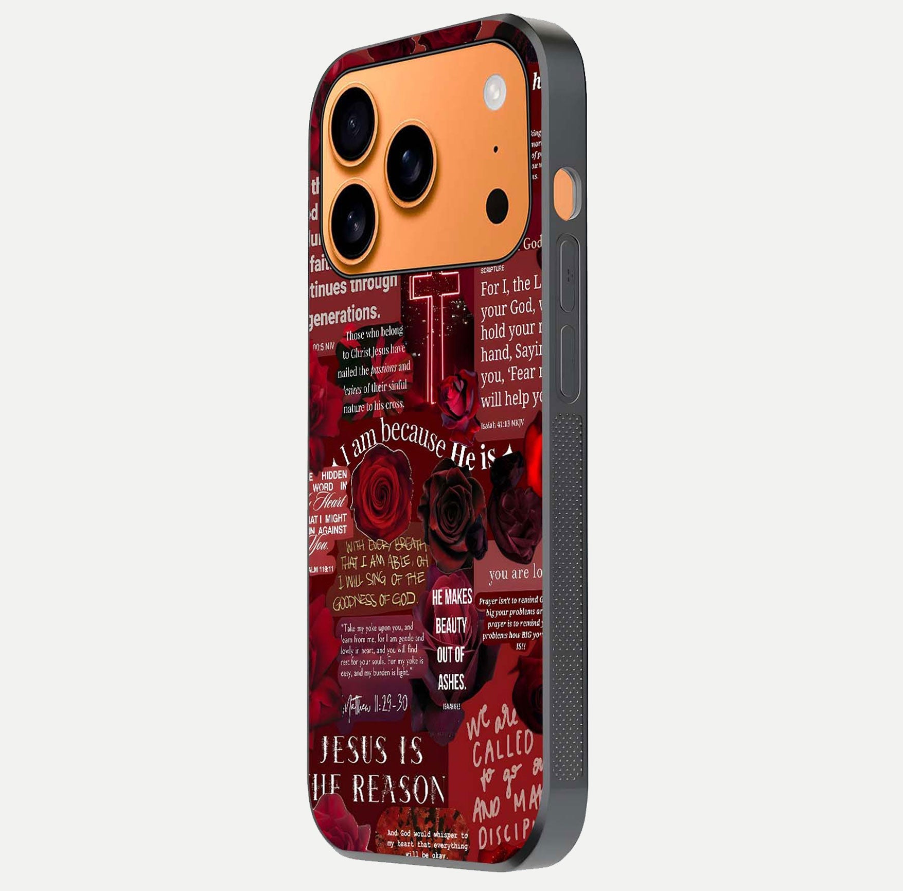 Jesus Love Heals Glass Case for iPhone 17 Pro Max side-angle image highlighting gloss depth and spiritual aura