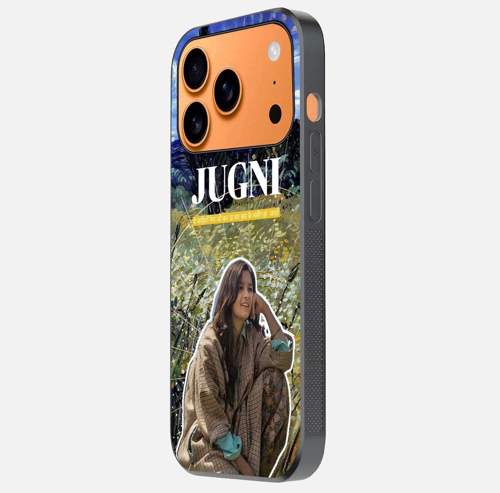 Jugni Soul Vibes Glass Case for iPhone 17 Pro Max side-angle image with stylish typography and HD finish