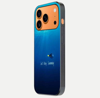 Just Keep Swimming Glass Case for iPhone 17 Pro Max side-angle image highlighting reflective surface and positive quote