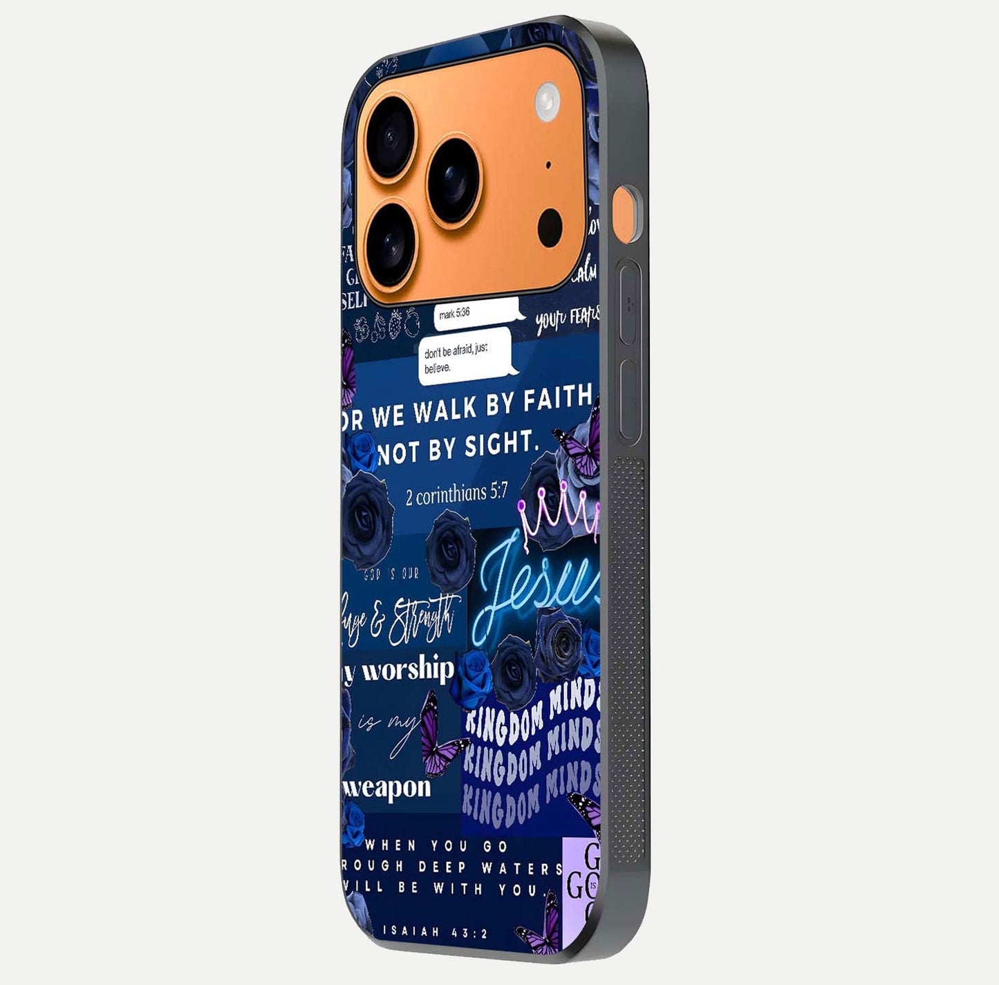 Kingdom Faith Glow Glass Case for iPhone 17 Pro Max side-angle image with reflective cross and faith glow