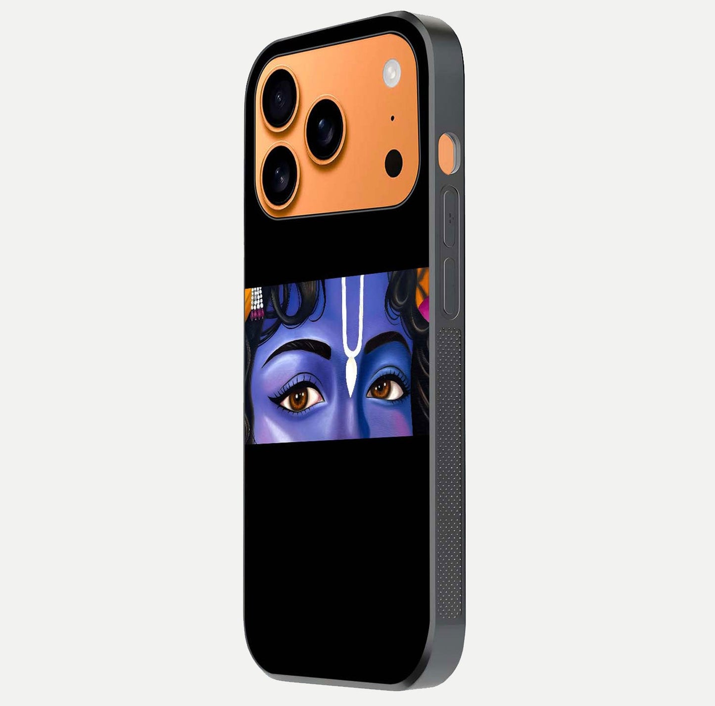 Krishna Eye Glass Case for iPhone 17 Pro Max side-angle image showing reflection clarity and Krishna symbol design