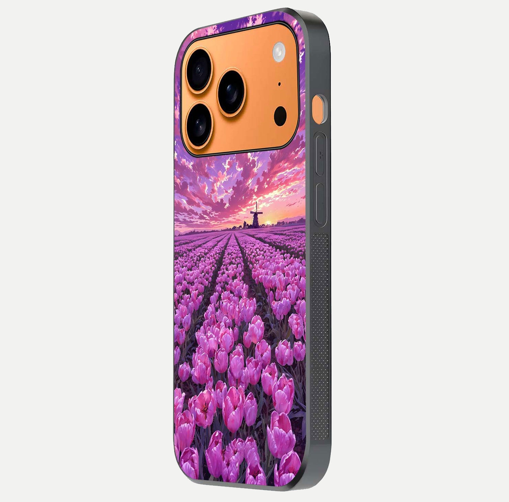 Lavender Dream Skies Glass Case for iPhone 17 Pro Max side-angle image showing reflection depth and serene tones