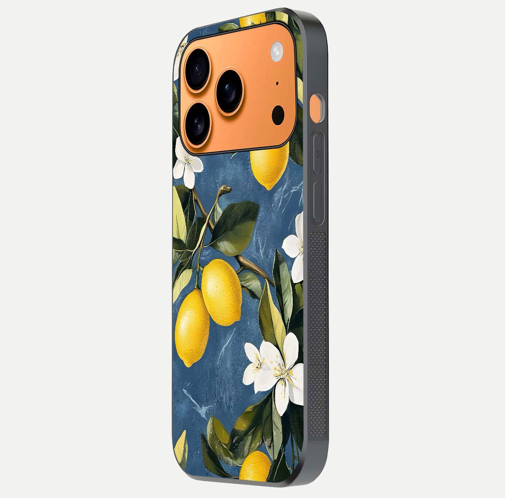 Lemon Dream Garden Glass Case for iPhone 17 Pro Max side-angle image showing reflection clarity and artistic fruit design