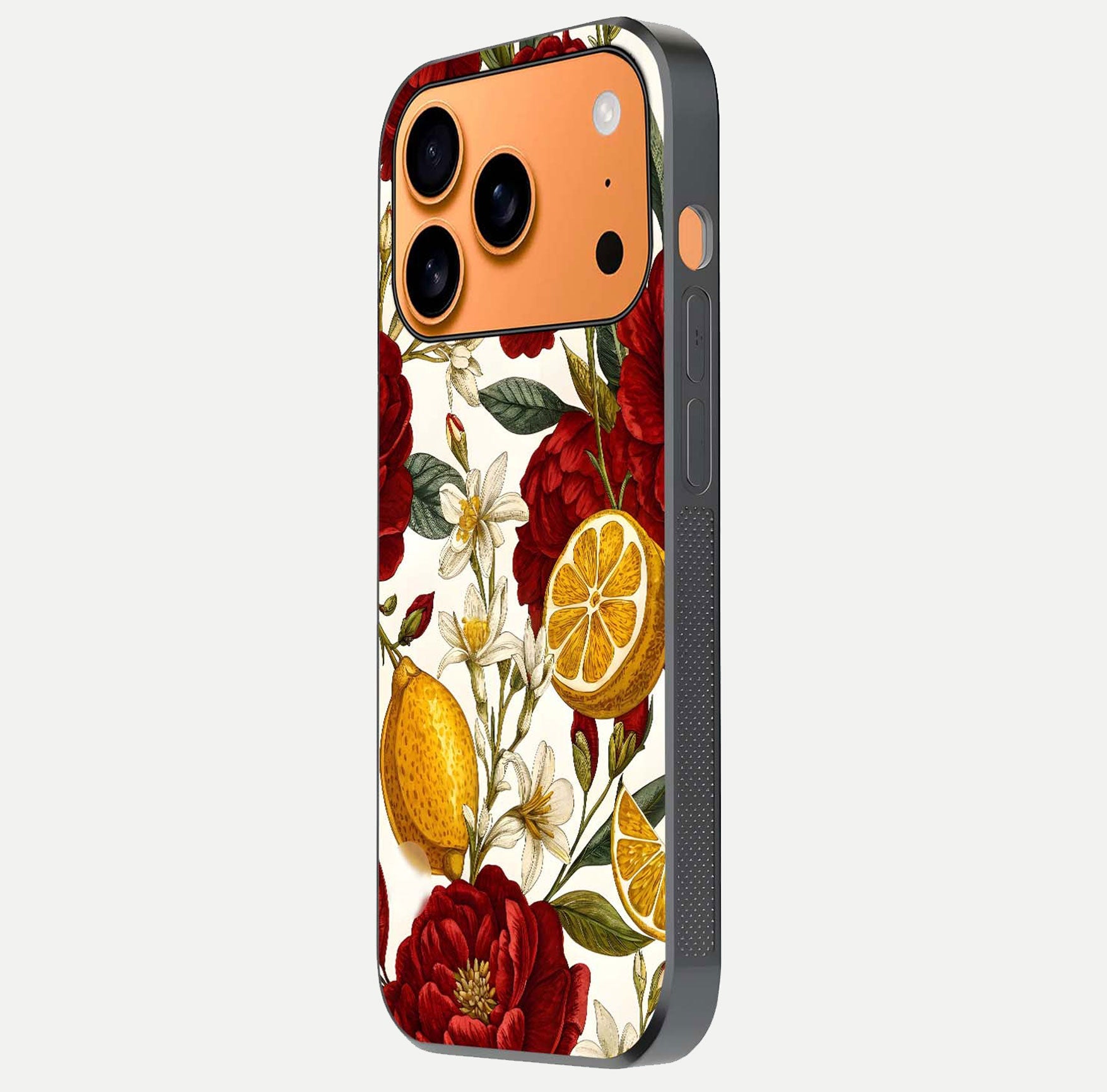 Lemon Rose Charm Glass Case for iPhone 17 Pro Max side-angle image revealing reflection depth and vibrant flower art