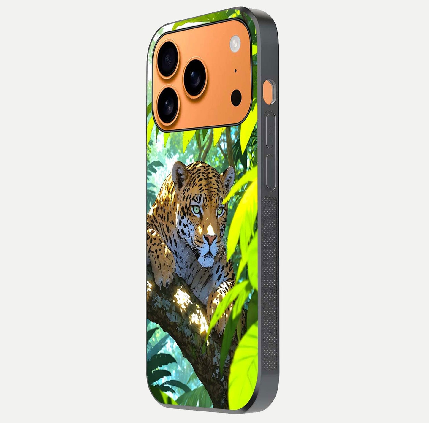 Leopard in Jungle Glass Case for iPhone 17 Pro Max side-angle shot emphasizing contrast and fierce design clarity