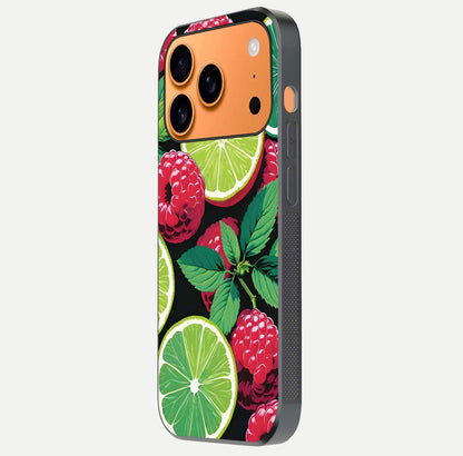 Lime and Raspberry Pattern Glass Case for iPhone 17 Pro Max side-angle view revealing colorful fruit artwork details