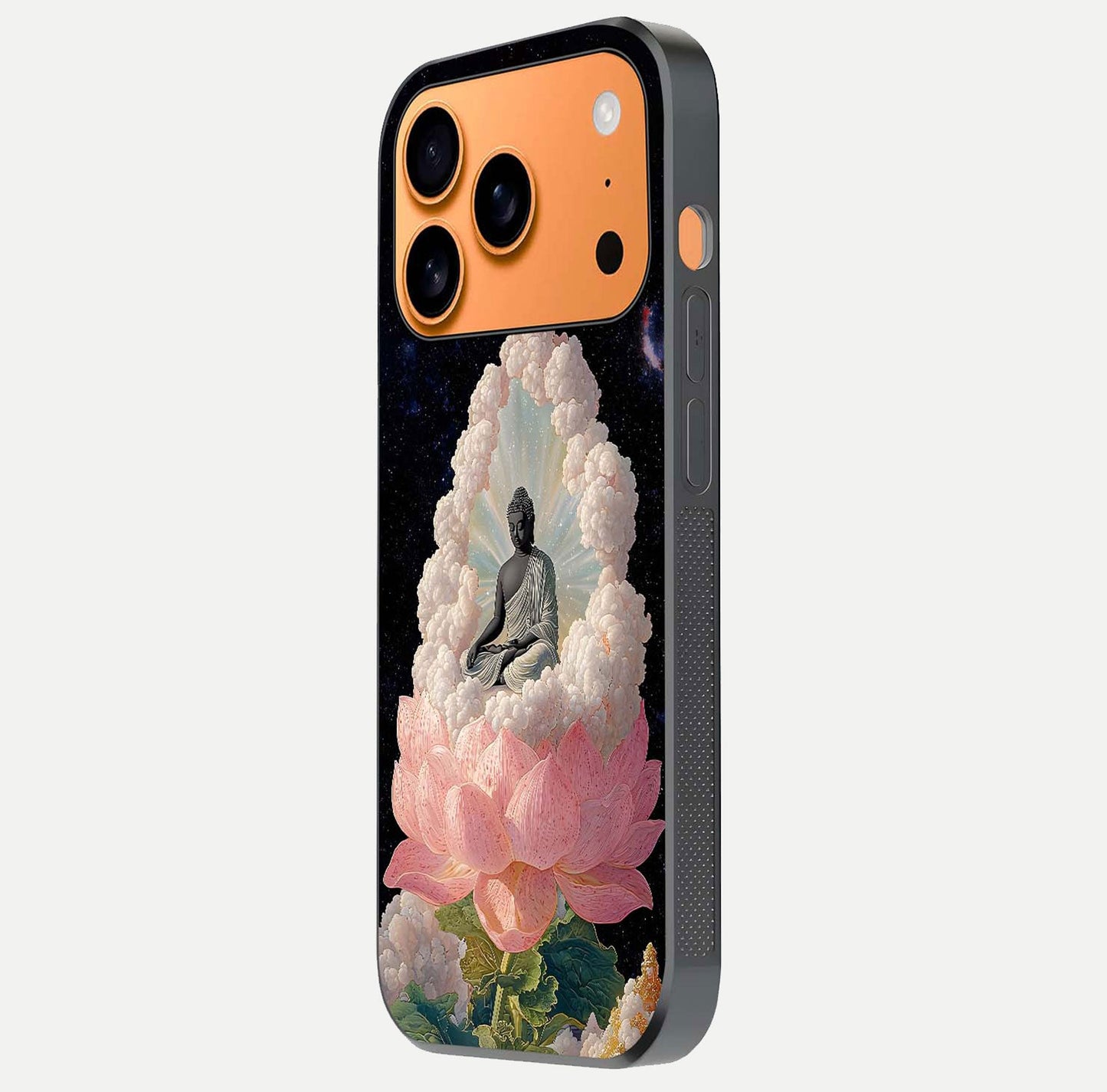 Lotus Divine Peace Glass Case for iPhone 17 Pro Max side-angle shot showing elegant shine and floral symmetry