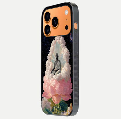 Lotus Divine Peace Glass Case for iPhone 17 Pro Max side-angle shot showing elegant shine and floral symmetry