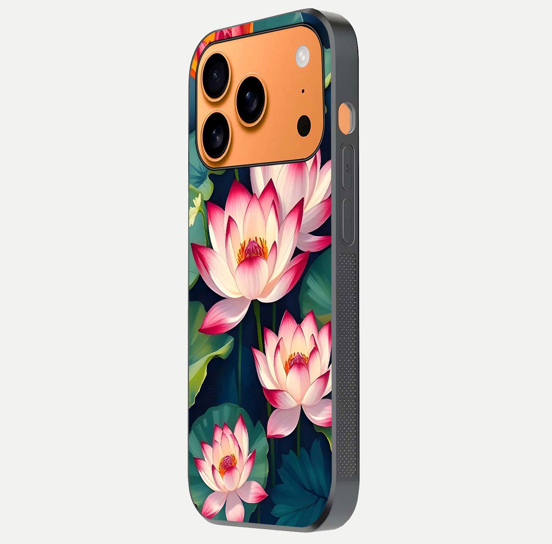 Lotus Dream Serenity Glass Case for iPhone 17 Pro Max side-angle image revealing reflection clarity and calm tones