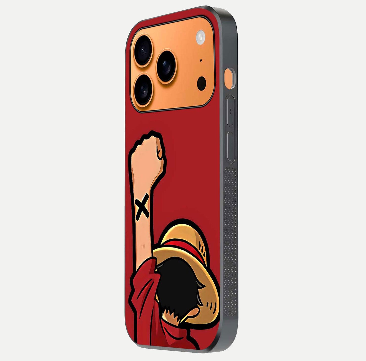 Luffy X Spirit Glass Case for iPhone 17 Pro Max side-angle image highlighting reflection strength and anime print