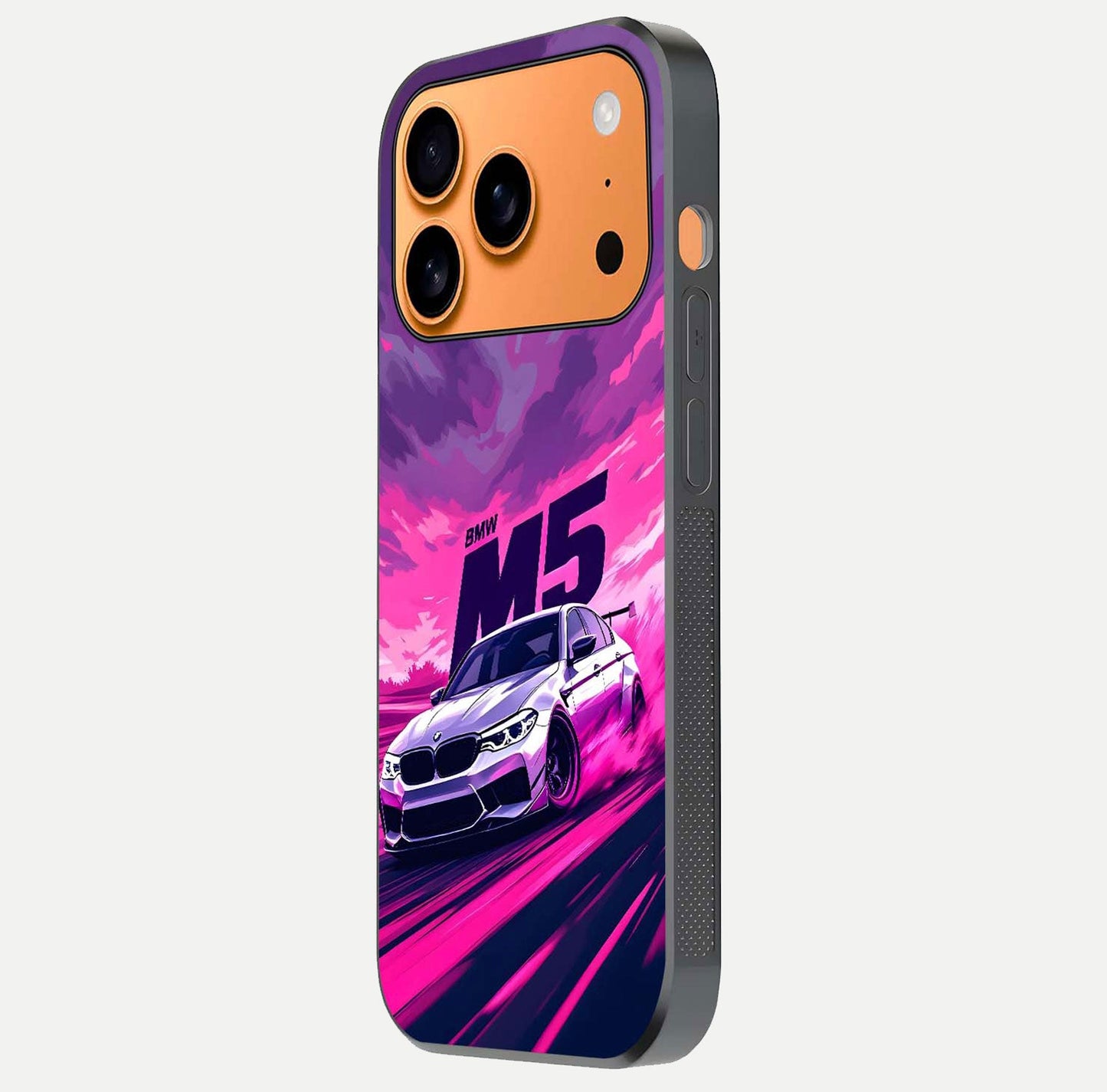 MS Neon Car Glass Case for iPhone 17 Pro Max side-angle image showing glow reflection and car detailing