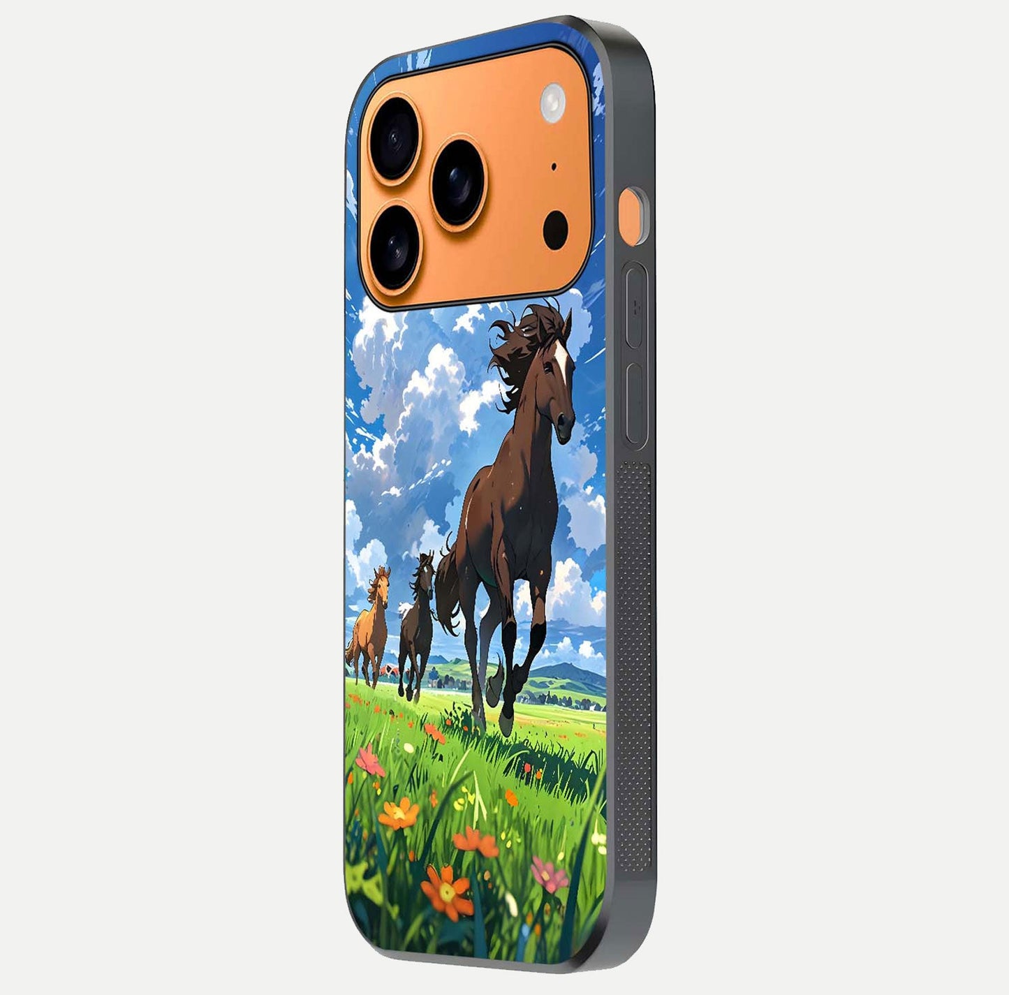Majestic Horses Galloping Glass Case for iPhone 17 Pro Max side-angle shot emphasizing reflection and running artwork