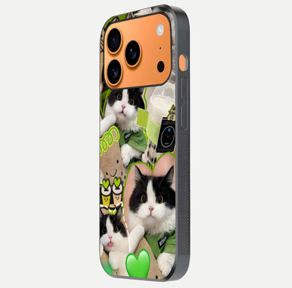 Matcha Cats Mood Glass Case for iPhone 17 Pro Max side-angle image showing shine clarity and cat pattern charm