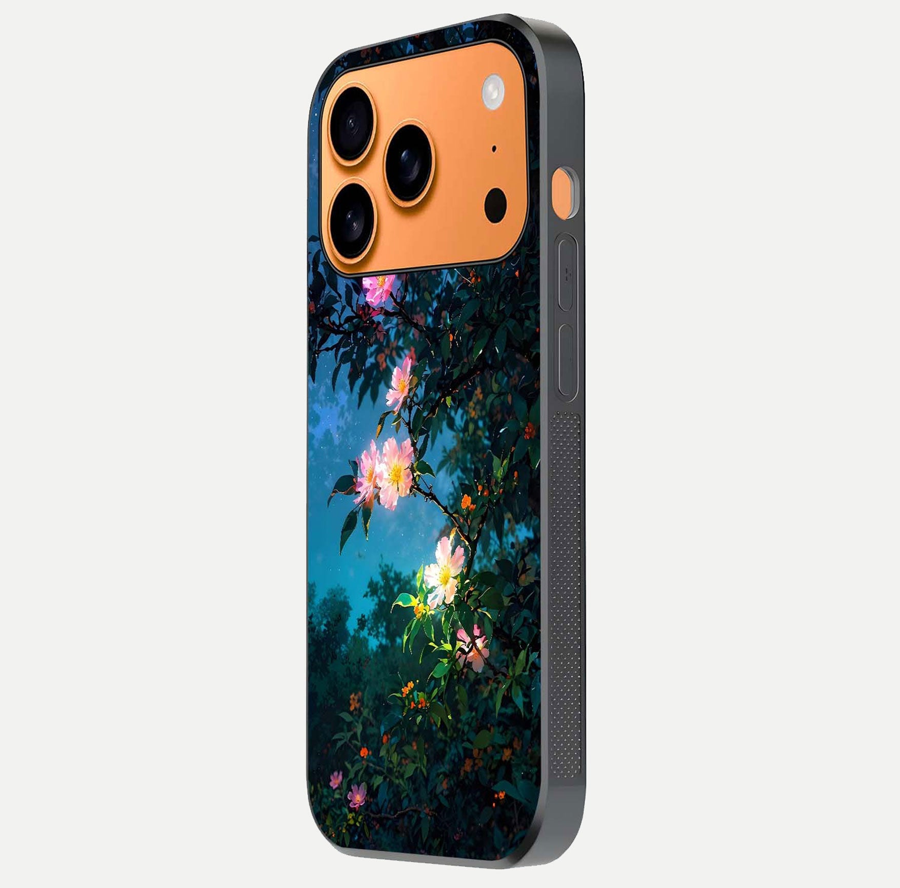Midnight Bloom Glow Glass Case for iPhone 17 Pro Max side-angle image revealing reflection and deep midnight hues