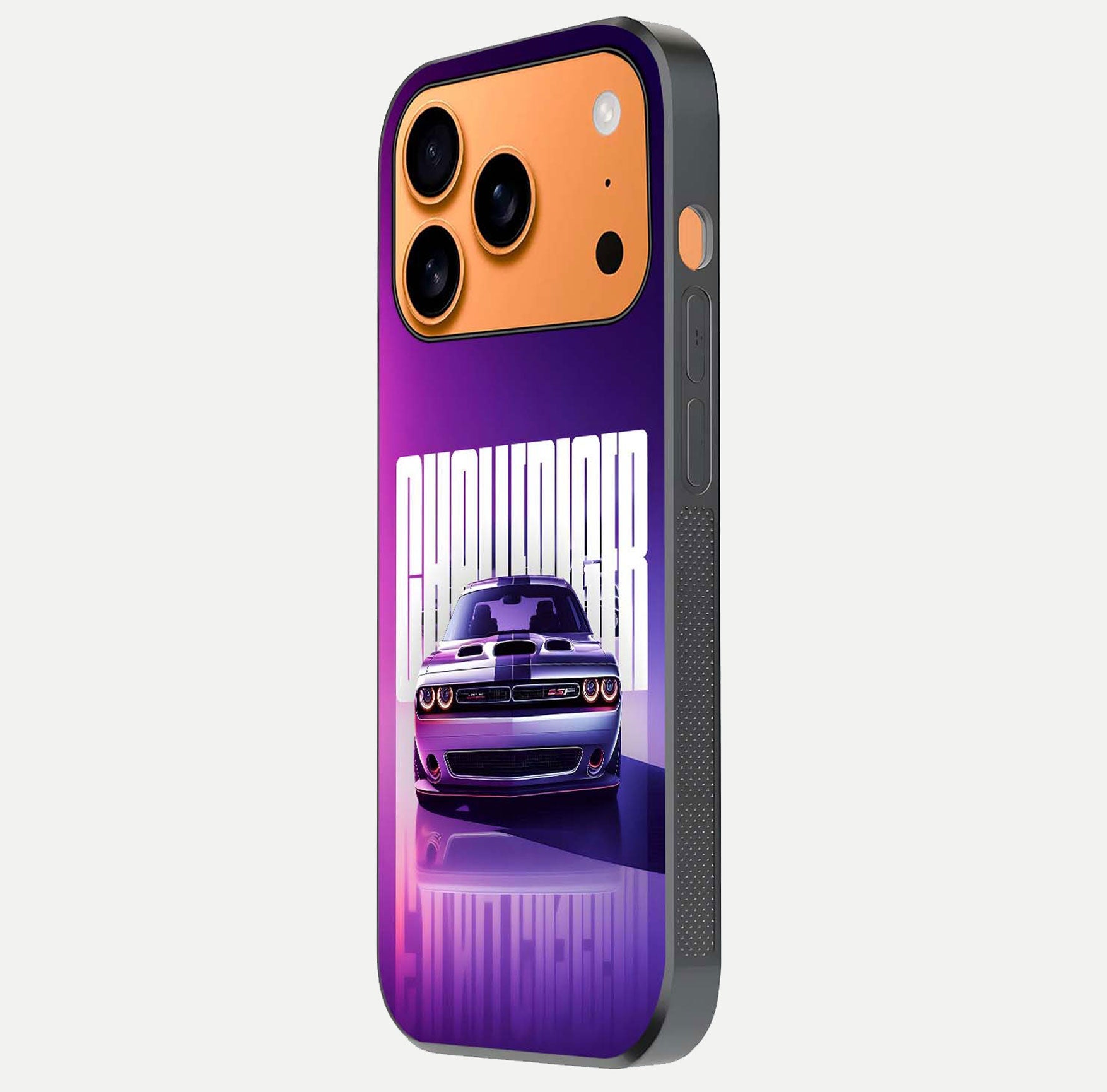 Midnight Muscle Ride Glass Case for iPhone 17 Pro Max side-angle image showing reflection clarity and bold design