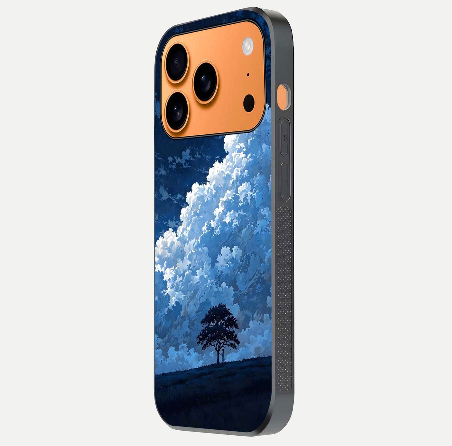 Midnight Sky Serenity Glass Case for iPhone 17 Pro Max side-angle image showing soft glow and smooth reflection