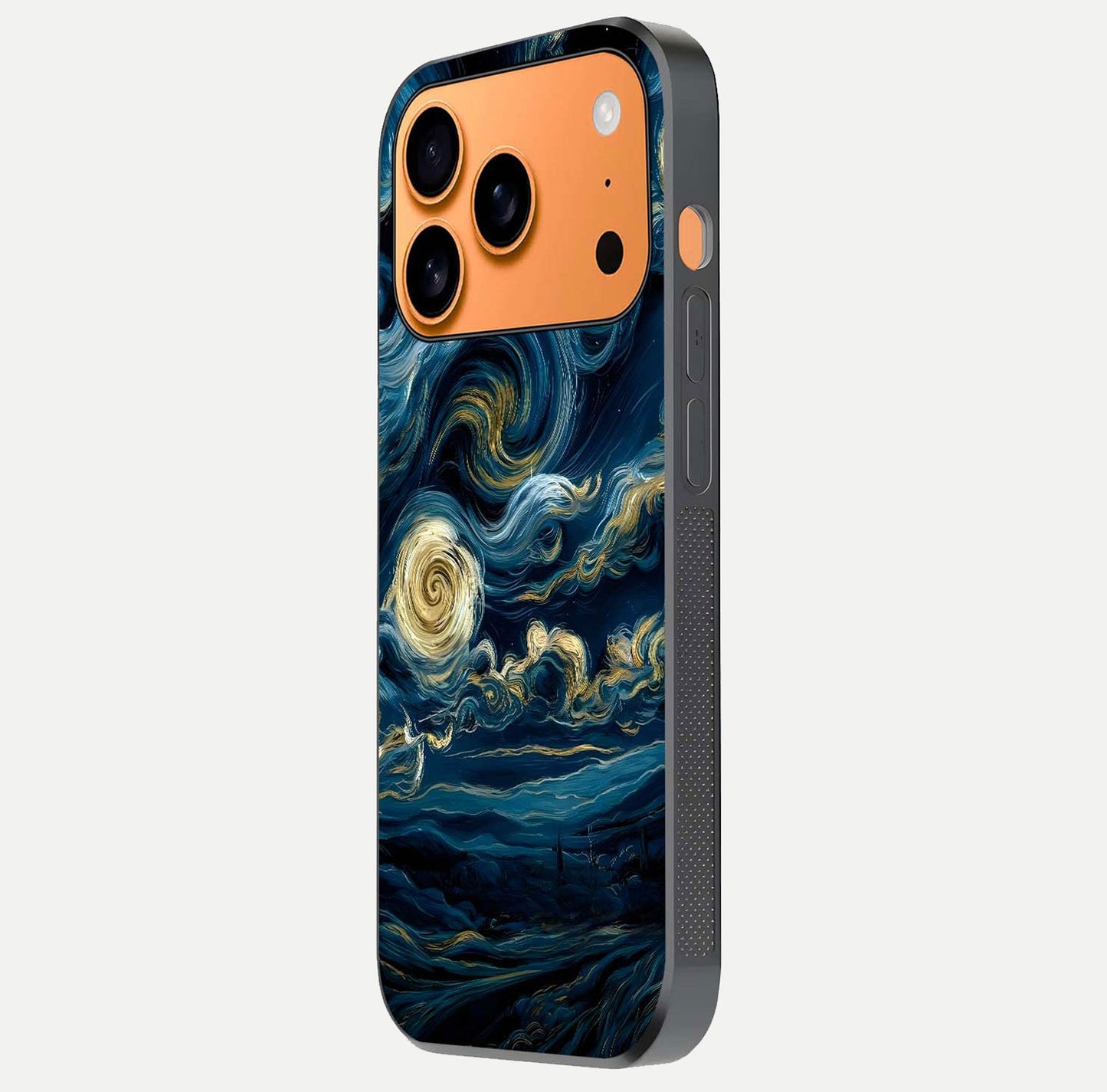 Midnight Sky Whirl Glass Case for iPhone 17 Pro Max side-angle image showing reflection depth and galaxy pattern