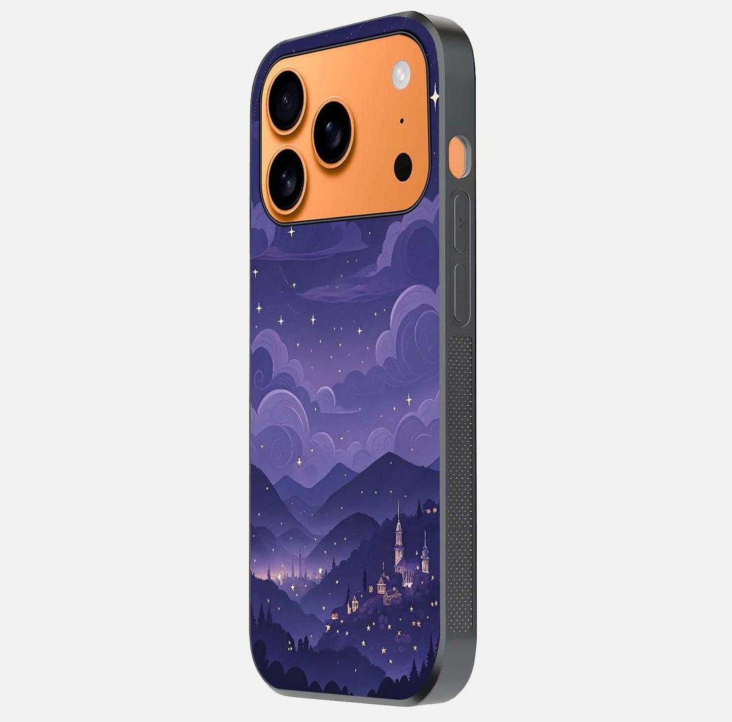 Minimal Night View Glass Case for iPhone 17 Pro Max side-angle image showing subtle reflection and urban design