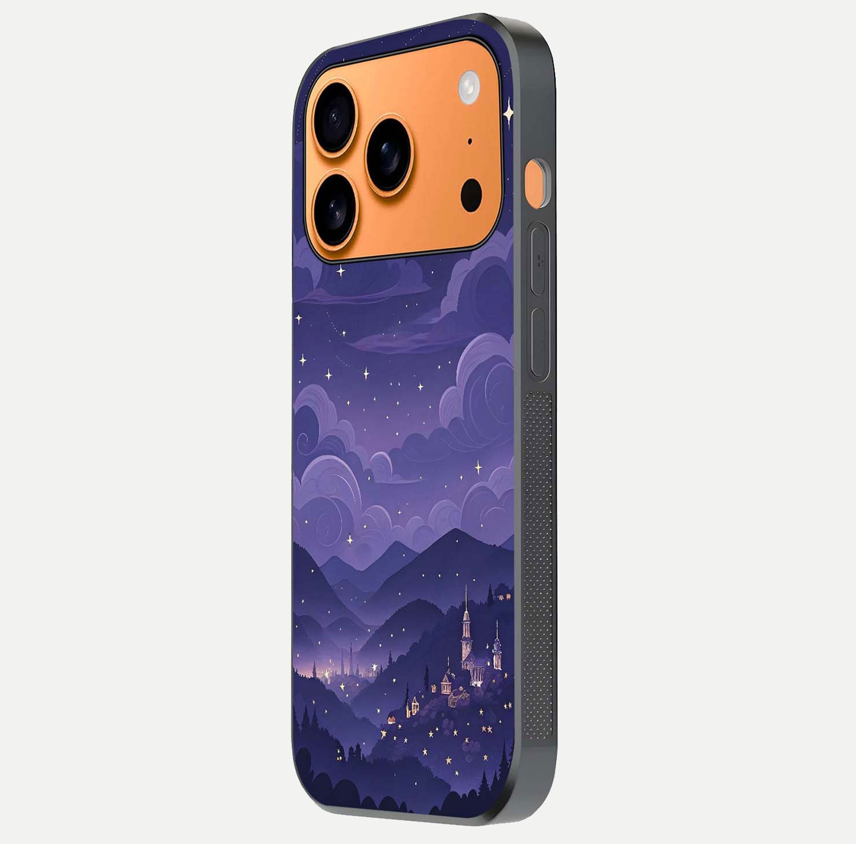 Minimal Night View Glass Case for iPhone 17 Pro Max side-angle image showing subtle reflection and urban design