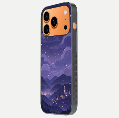 Minimal Night View Glass Case for iPhone 17 Pro Max side-angle image showing subtle reflection and urban design