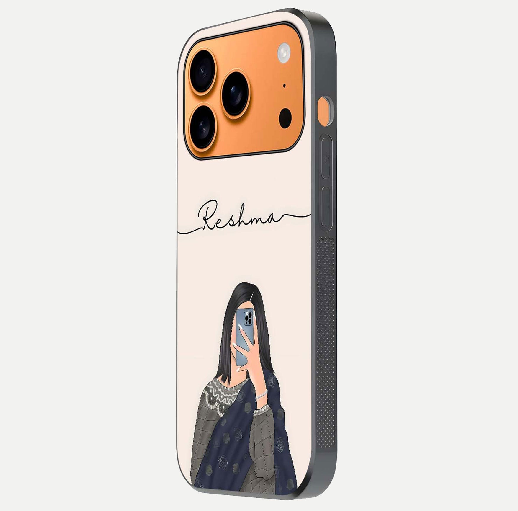Mirror Mood Muse Custom Name Glass Case for iPhone 17 Pro Max side-angle image emphasizing glossy mirror texture