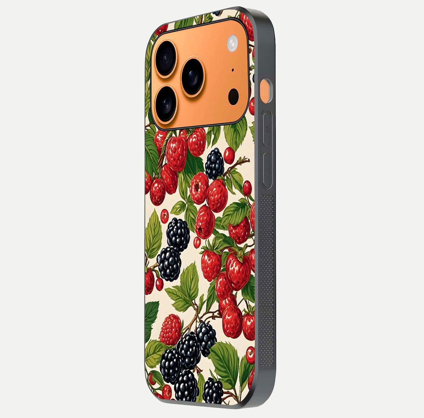 Mixed Berry Collage Glass Case for iPhone 17 Pro Max side-angle image showing reflection and HD fruit texture