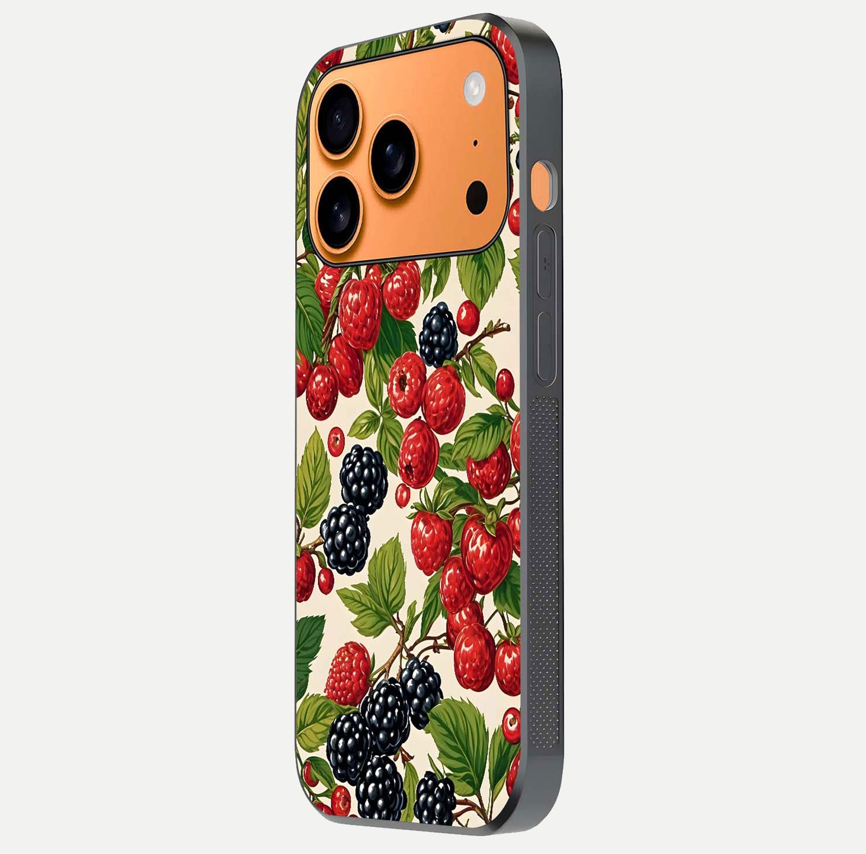 Mixed Berry Collage Glass Case for iPhone 17 Pro Max side-angle image showing reflection and HD fruit texture