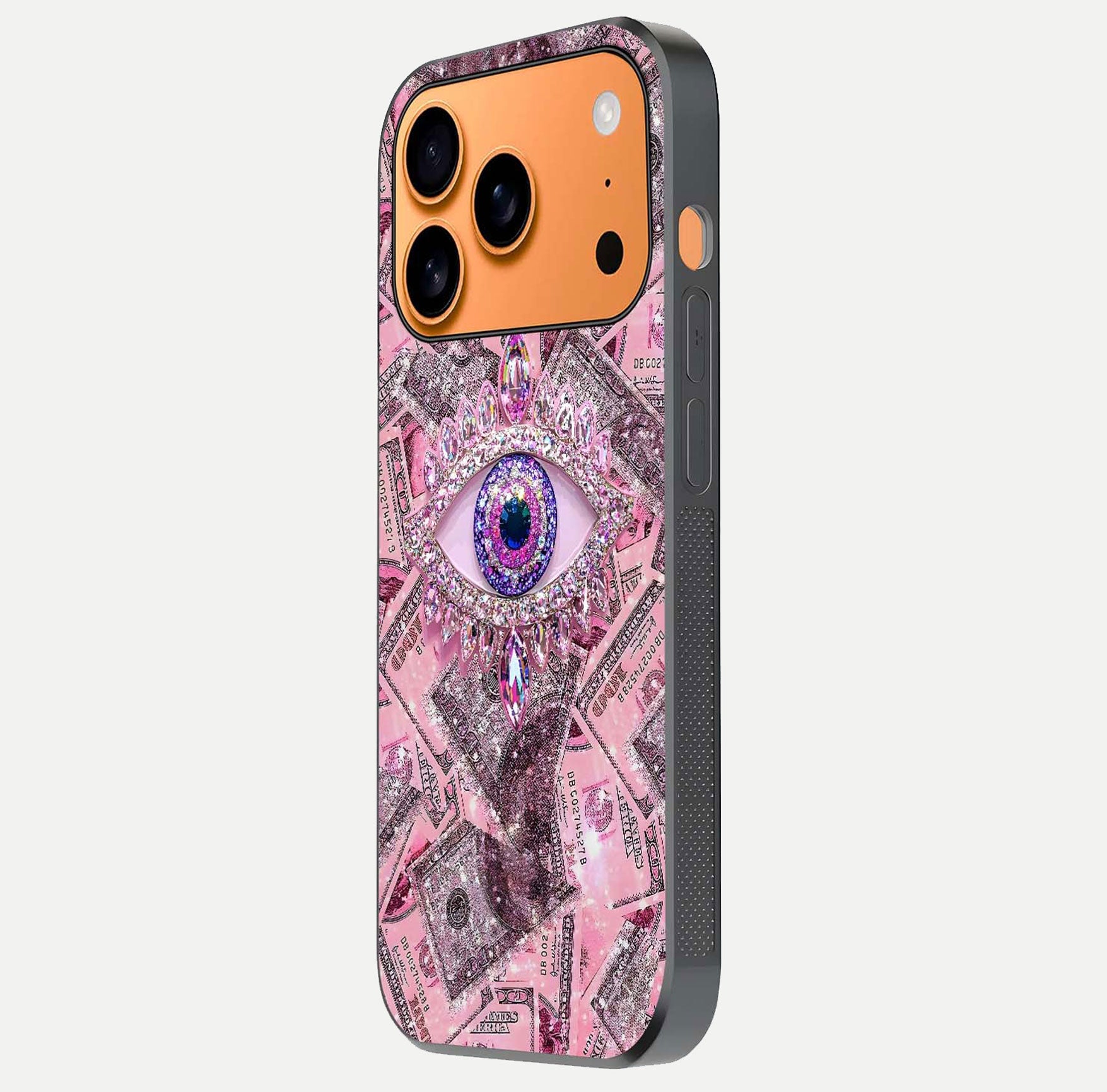 Money Eye Luxe Glass Case for iPhone 17 Pro Max side-angle image showing HD reflection and luxury print clarity