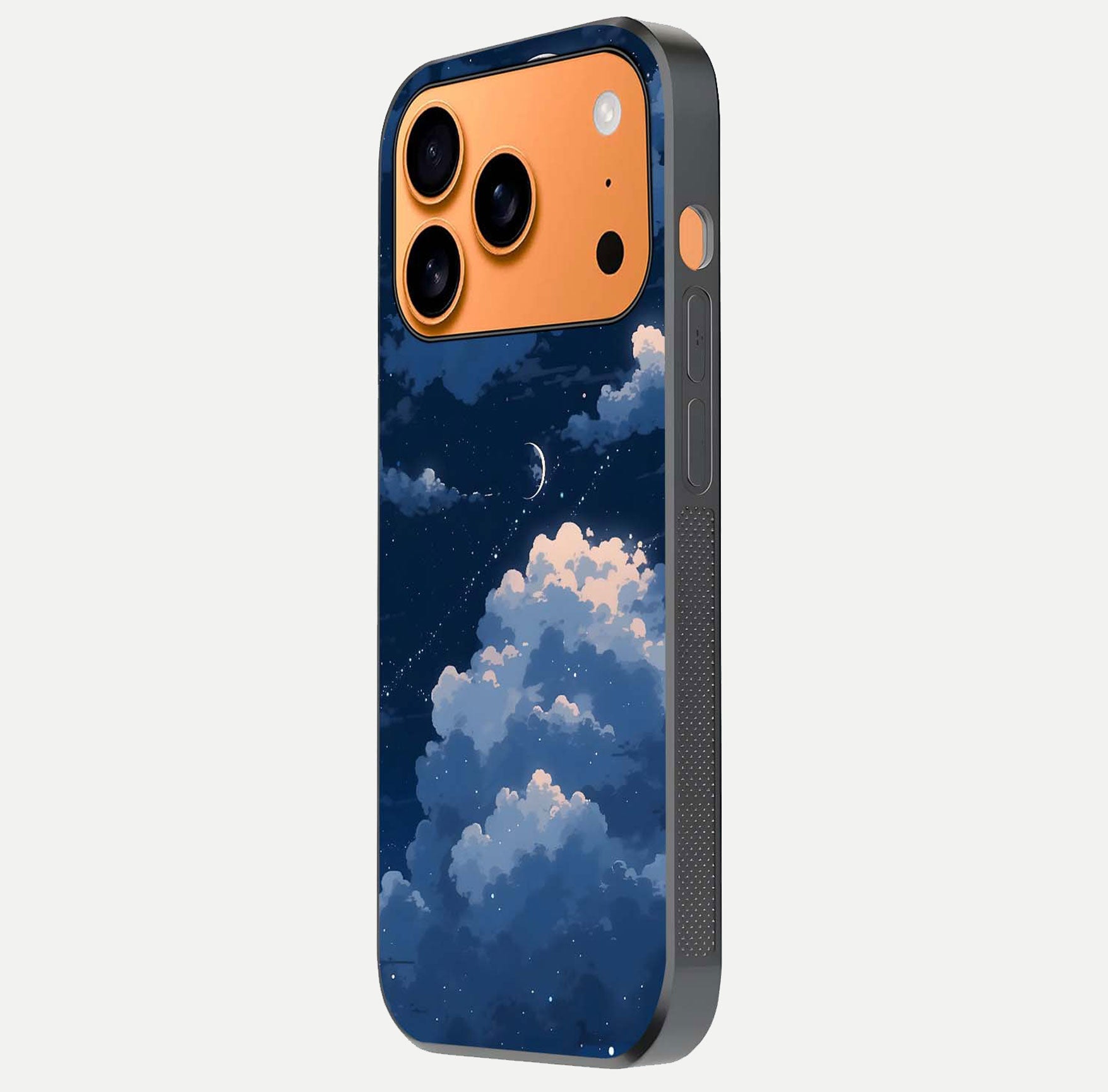 Moon Dream Haze Glass Case for iPhone 17 Pro Max side-angle image showing HD reflection and moonlight detailing
