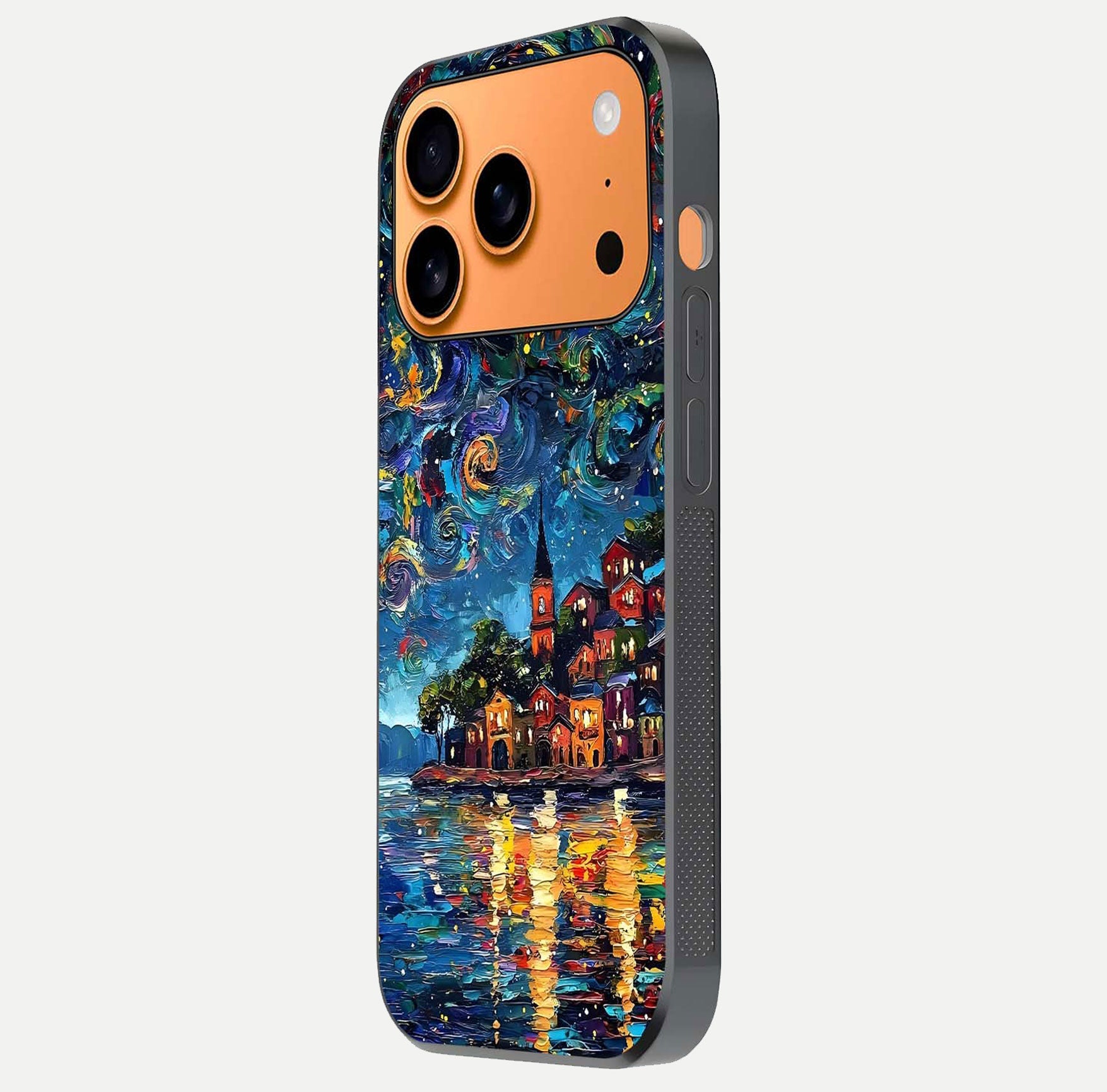Moonlight Harbor Glow Glass Case for iPhone 17 Pro Max side-angle image showing reflective surface and ocean tones