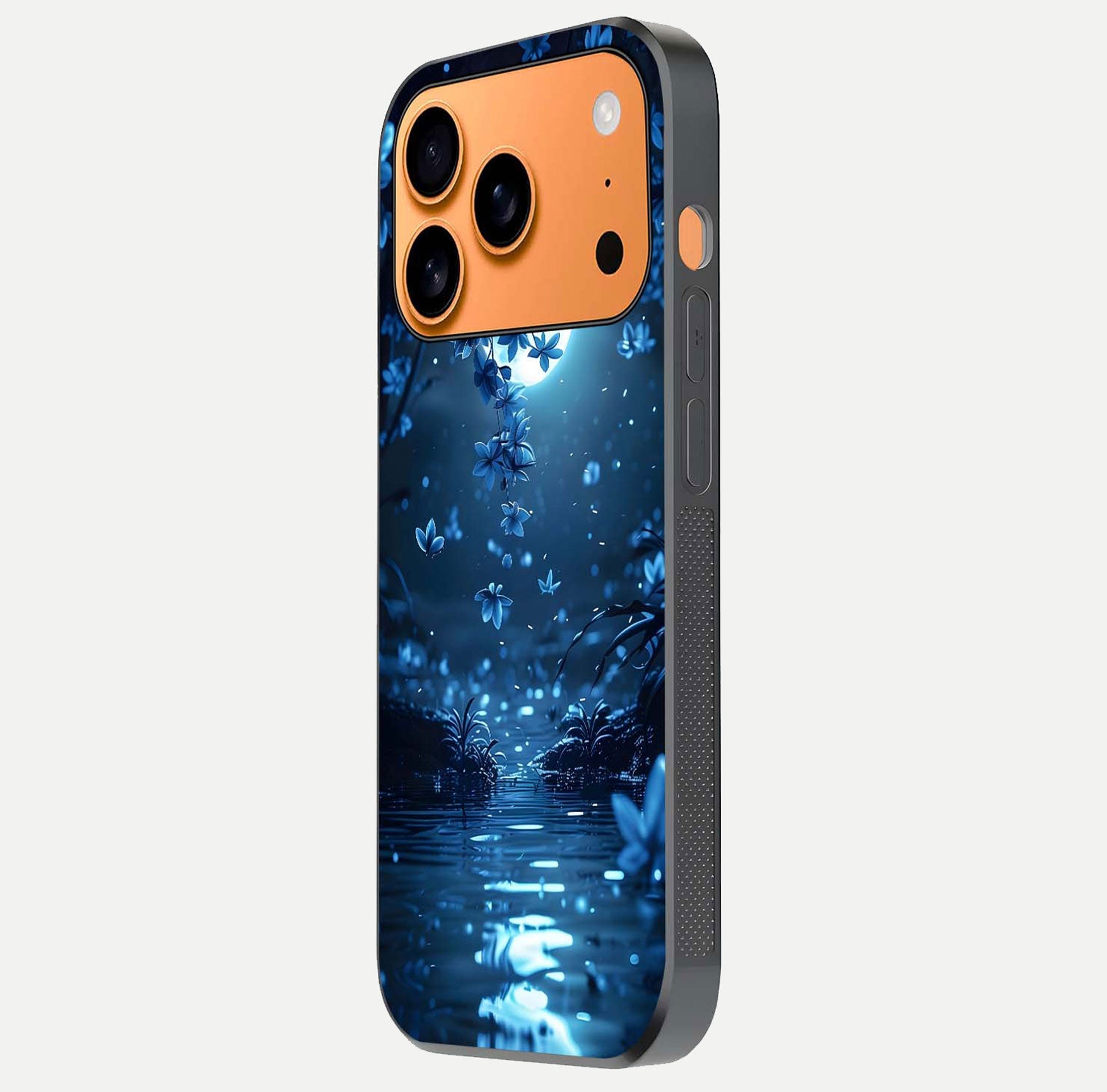 Moonlight Petal Dream Glass Case for iPhone 17 Pro Max side-angle image showing reflection and petal detail